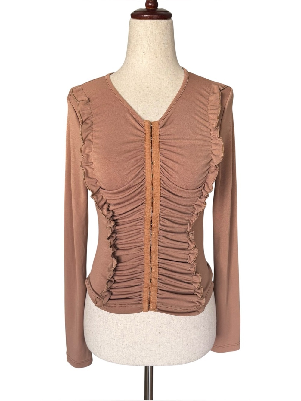 Vintage 90s Ruched Long-Sleeve Top with Hook Eye Closure Small